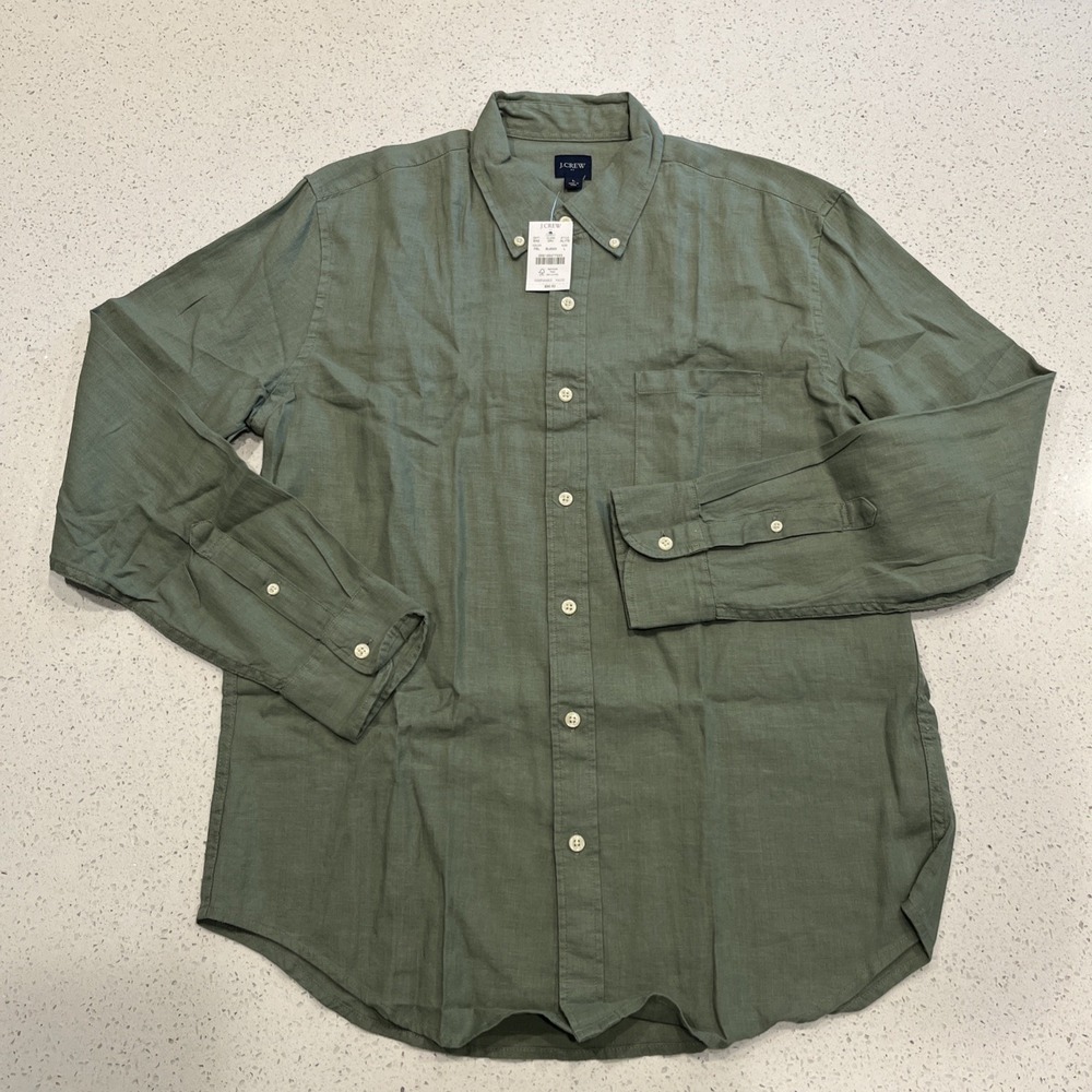 J.Crew Button Down Linen Blend Dress Shirt Mens Large Green Long Sleeve NWT